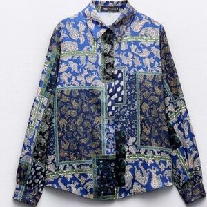 Zara Blue Paisley patchwork print blouse, size Large
